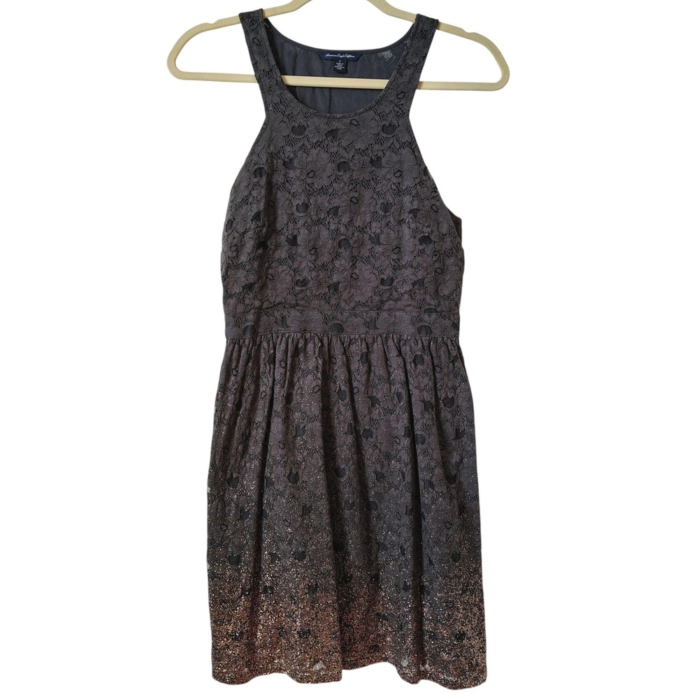 American Eagle Women's Dress Size 6 Gray Gold Lace Open Back Party‎ Cocktail